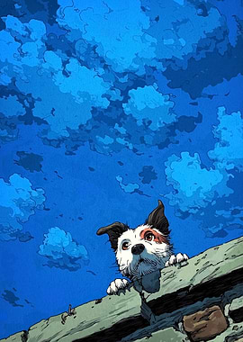 Dog peering over a brick wall