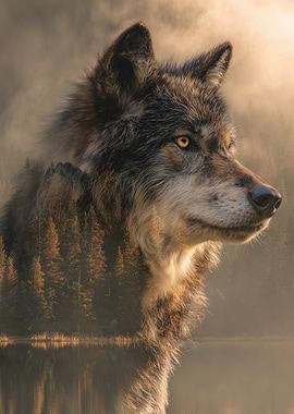 Wolf and Forest Double Exposure