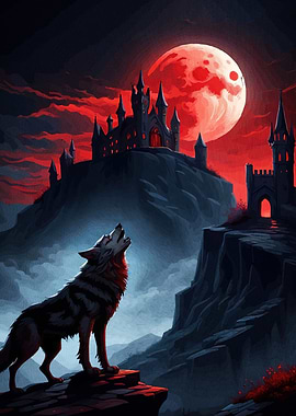 Wolf Howling Red Moon Castle