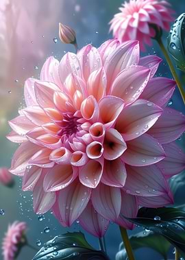 Pink Dahlia Flower with Water Droplets