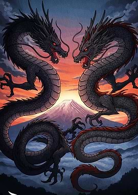 Two Dragons Facing Mount Fuji