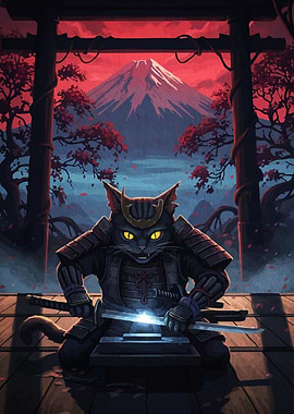 Samurai Cat Mount Fuji