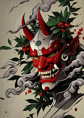 Japanese Oni Mask with Floral Accents