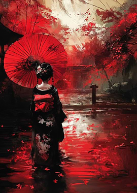 Geisha with Red Umbrella in Japan