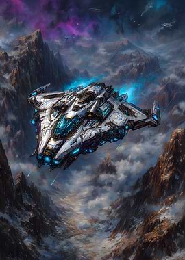 Futuristic Spaceship Flying Through Mountainous Landscape