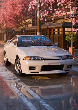 White Car Under Cherry Blossom Trees