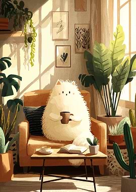 Cozy Cat with Coffee in Living Room