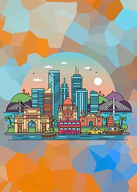 Mumbai Skyline Illustration with Geometric Background
