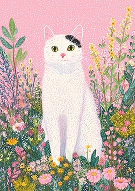White Cat in a Colorful Flower Meadow