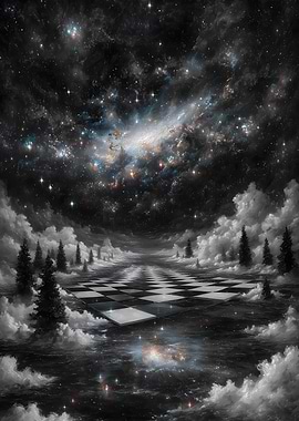 Surreal Chessboard Landscape with Galaxy