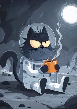 Astronaut Cat with Coffee on Moon
