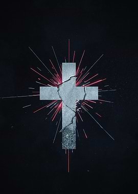 Cracked Christian Cross with Rays on Black