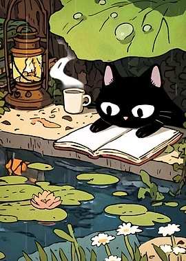 Black Cat Reading by Pond