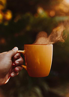 Hand holding steaming orange mug outdoors