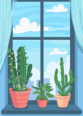 Window with plants and sky view