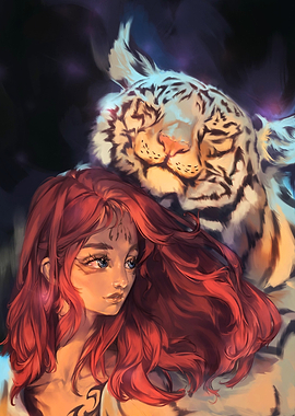 Girl with White Tiger Digital Art