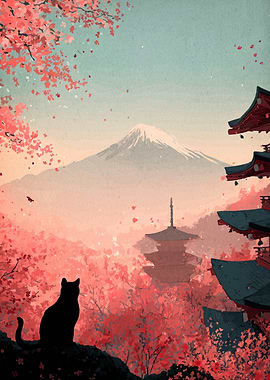 Japanese Landscape with Cat and Cherry Blossoms