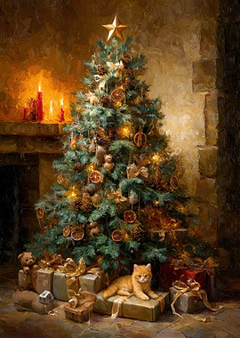 Christmas Tree with Cat and Gifts