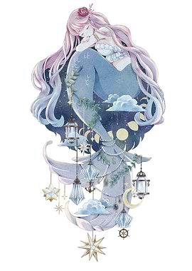 Dreamy Mermaid on Moon Watercolor Art