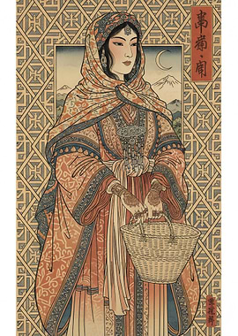 Japanese Ukiyo-e Style Woman with Basket