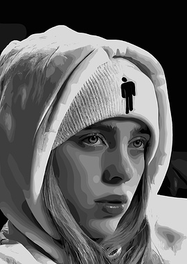 Billie Eilish grayscale portrait with hoodie