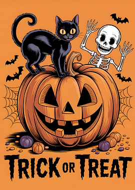 Halloween: Black Cat, Pumpkin, and Skeleton
