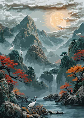 Digital Painting of Mountain Waterfall Landscape