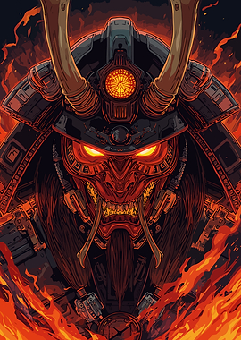Fantasy of Samurai Oni Mask in Flames