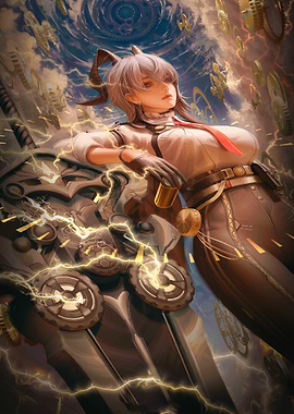 Steampunk Girl with Horns and Lightning