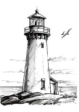 Lighthouse Sketch with Birds