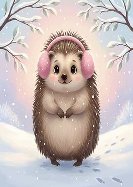 Cute Hedgehog in Winter Wonderland