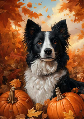 Autumn Dog Portrait with Pumpkins | Fall Dog Art