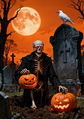 Halloween Skeleton with Pumpkins in Graveyard