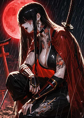 Tattooed Samurai Woman in the Rain