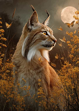 Lynx in a field of flowers