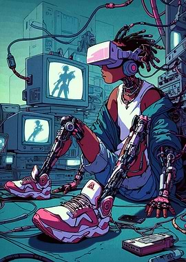 Cyberpunk VR Gamer with Robotic Limbs