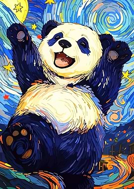 Happy Panda in Starry Night Style