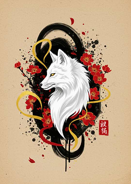 White Fox with Floral and Ink Design