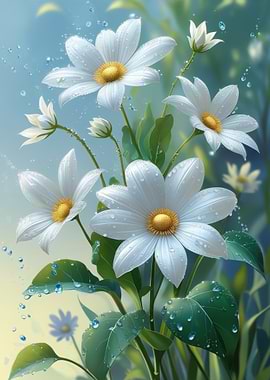 White Daisies with Water Droplets