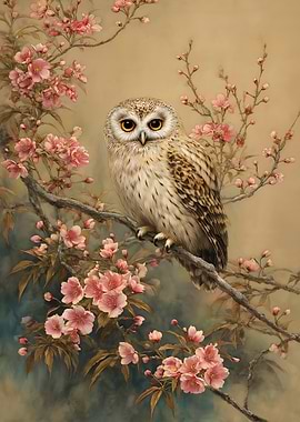 Owl Among Cherry Blossoms Vintage Painting