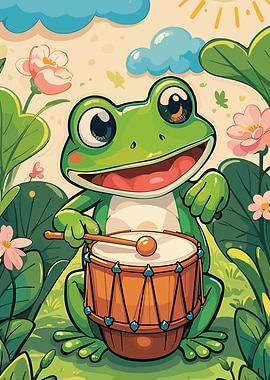 Cartoon Frog Playing Drum in Nature