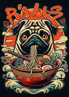 Pug eating ramen illustration