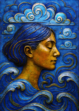 Woman in Blue Waves and Clouds