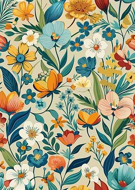 Colorful Floral Pattern with Teal Leaves