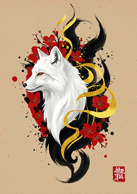 White Fox with Red Flowers Artwork
