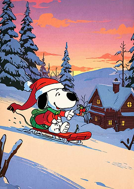 Snoopy Sledding in Winter Landscape