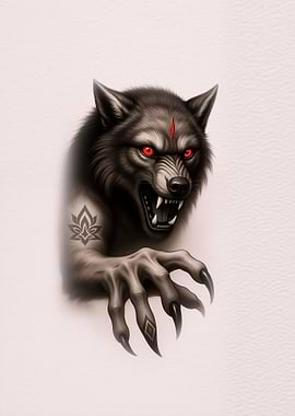 Werewolf with Red Eyes and Tattoo