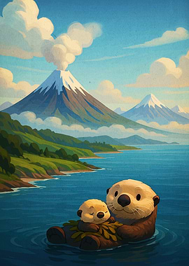 Otter and Pup in Mountainous Landscape