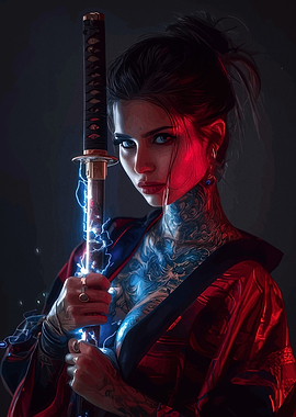 Tattooed Woman with Katana and Lightning