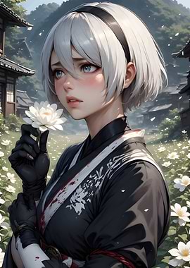 Anime Girl with Flower in Japanese Garden